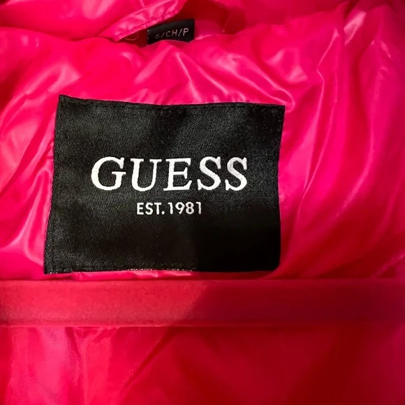 Guess NWT Stunning Show Stopping Hot Barbie Pink Mid-Length Puffer Hooded Coat - Picture 8 of 13